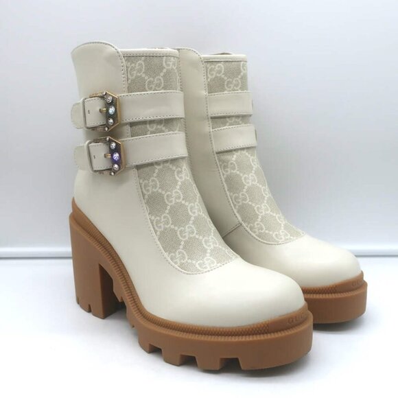 Gucci Kensington GG Supreme Crystal Buckle Boots Cream Canvas & Leather Size 38 - Picture 1 of 16